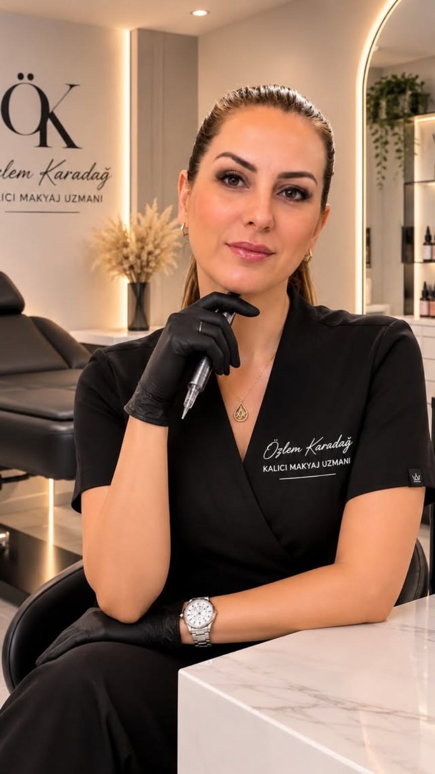 Özlem Karadağ, salonunda kalıcı makyaj uzmanı kıyafetiyle